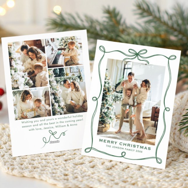 Cartão De Festividades Funky Sage Green Christmas Bow Ribbon 5 Photo (Criador carregado)