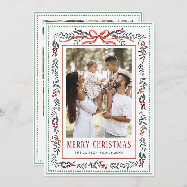 Cartão De Festividades Funky Sage Green Christmas Bow Ribbon 5 Photo (Frente/Verso)