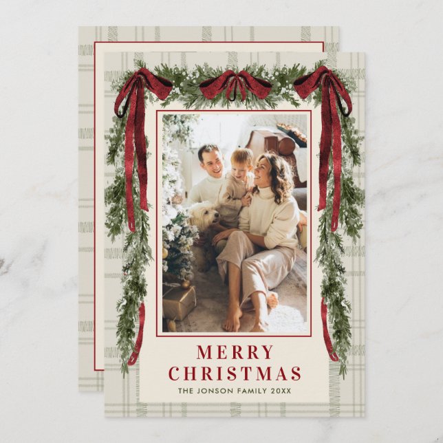 Cartão De Festividades Funky Velvet Christmas Boho Red Bow 5 Photo (Frente/Verso)