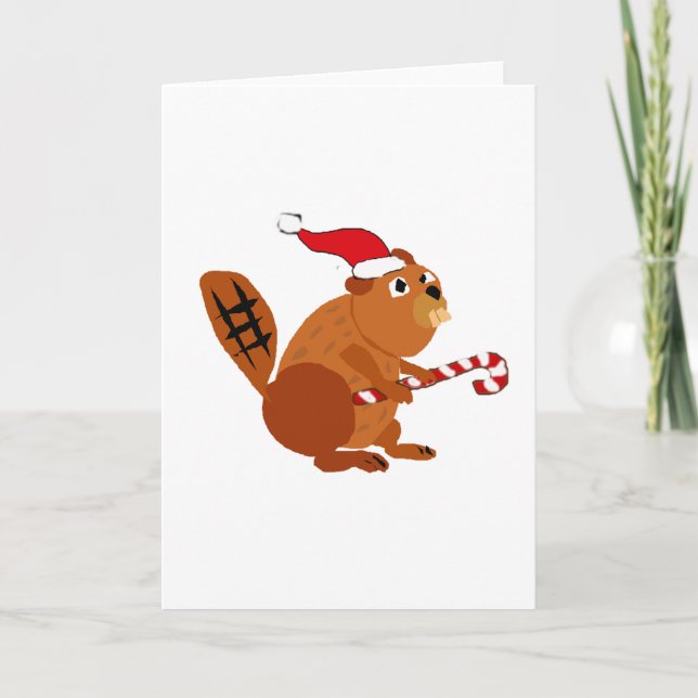 Cartão De Festividades Funny Beaver in Santa Hat Christmas Art (Frente)