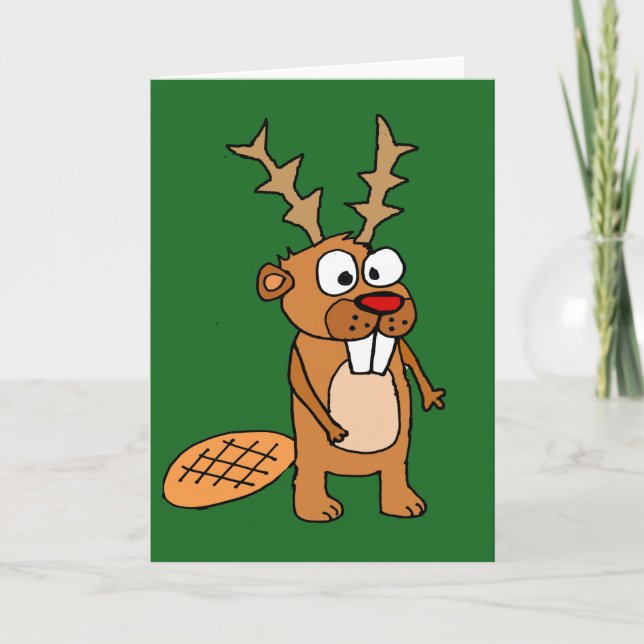 Cartão De Festividades Funny Beaver with Reindeer Antlers Christmas Art (Frente)