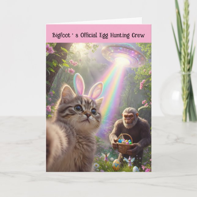 Cartão De Festividades Funny Bigfoot UFO Easter Cute Kitten Selfie  (Frente)