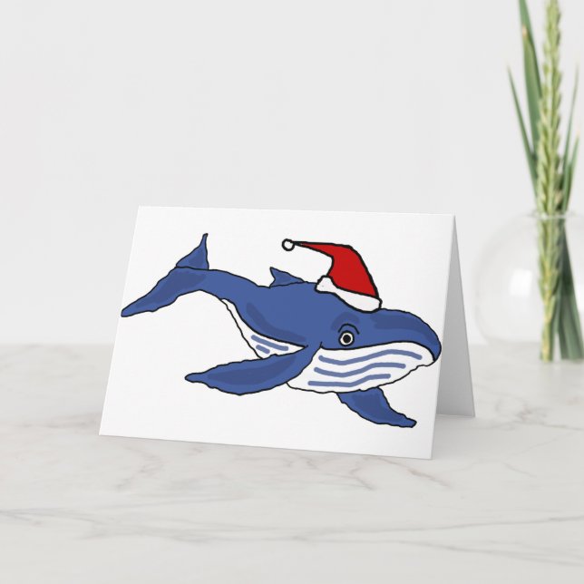 Cartão De Festividades Funny Blue Whale in Santa hat Christmas Art (Frente)