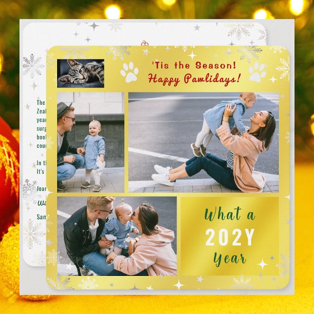 Cartão De Festividades Funny Cat Dog 4 Photos Collage Cute Elegant Golden (Funny Cat Dog Photo Happy Pawlidays with 4 Photos Total. Elegant Cute Golden Background, Snowflakes)