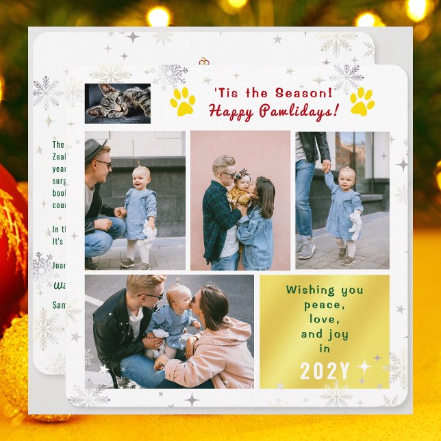 Cartão De Festividades Funny Cat Happy Pawlidays Peace Love Joy 5 Photos  (Funny Cat Dog Photo Happy Pawlidays with 5 Photos Total. Elegant Cute Snowflakes. What a year letter)