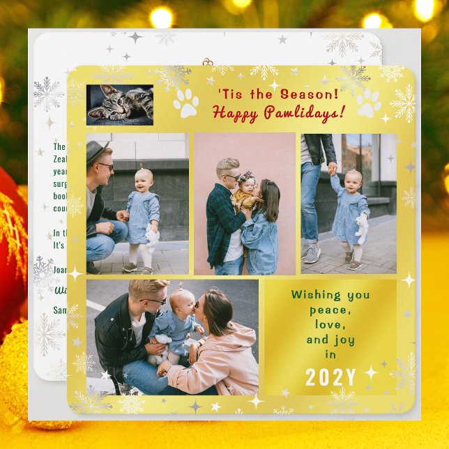 Cartão De Festividades Funny Cat Happy Pawlidays Peace Love Photos Golden (Funny Cat Dog Photo Happy Pawlidays with 5 Photos Total. Elegant Cute Golden Background, Snowflakes)