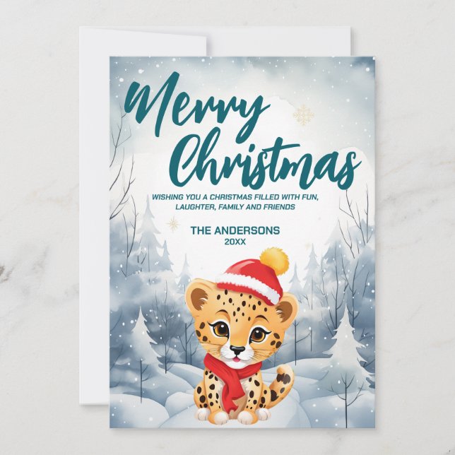 Cartão De Festividades Funny Cheetah Merry Xmas árvore de neve Festa de N (Frente)