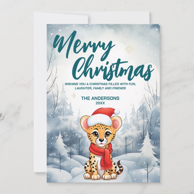 Cartão De Festividades Funny Cheetah Merry Xmas árvore de neve Festa de N (Frente)