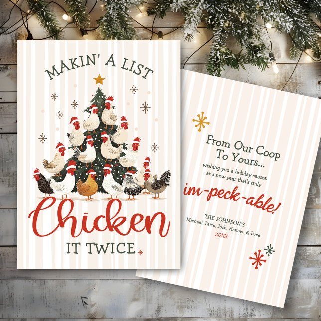 Cartão De Festividades Funny Chicken List Christmas Tree Cute Humor (Funny Making A List - Chicken It Twice watercolor chicken Christmas tree custom holiday humor card)