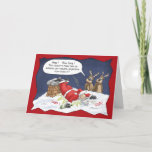 Cartão De Festividades Funny Christmas Cards: Stealth Objective<br><div class="desc">A cartoon Christmas greeting card with a cartoon of Santa not taking the evening serious enough…at least not serious enough for his team. The inside of the card simply says “Happy Holiday’s”.</div>