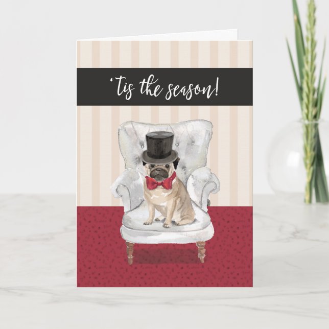 Cartão De Festividades Funny Christmas Pug Dog in Top Hat and Bow (Frente)