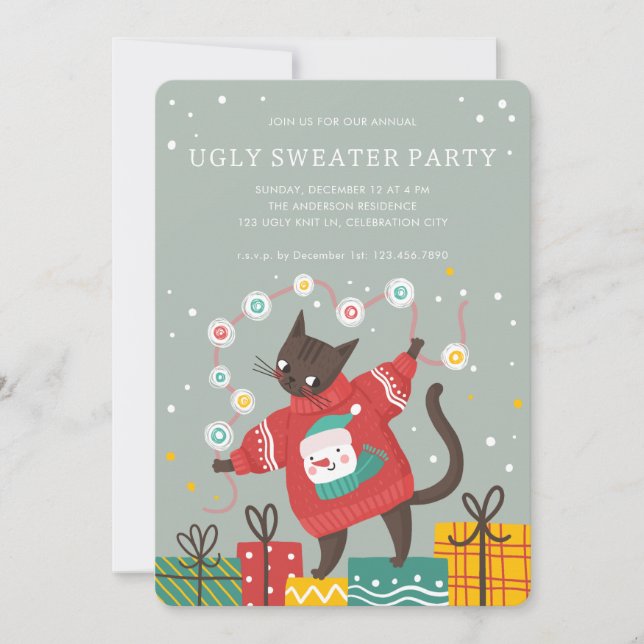 Cartão De Festividades Funny Cute Cat Ugly Christmas Sweater Party (Frente)
