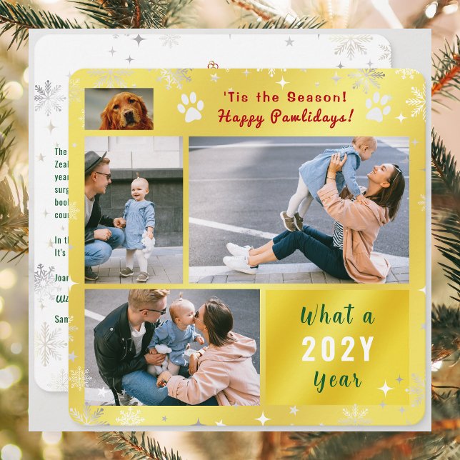 Cartão De Festividades Funny Dog Cat 4 Photos Collage Cute Elegant Golden (Funny Dog Cat Photo Happy Pawlidays with 4 Photos Total. Elegant Cute Golden Background, Snowflakes)