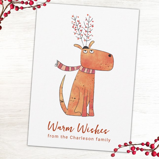 Cartão De Festividades Funny Dog Fake Reindeer Holiday Card (Fun dog humor personalized holiday card with custom text)