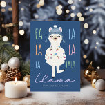 Cartão De Festividades Funny Fa La Llama Fleece Navidad Natal<br><div class="desc">O cartão de Natal "Fa La La La La La Llama" apresenta uma lindinha lama no chapéu de inverno e luzes de Natal em um fundo azul marinho com o cartões de natal "Fleece Navidad" e o padrão de bolinhas pastel no verso. Arte da KL Stock.</div>