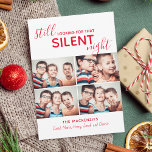 Cartão De Festividades Funny Family 4 Photo Modern Red Holiday Card<br><div class="desc">Do you have kids that don't sit still or are total goof balls? This holiday card is for you. Easily add your own family names and modern fonts in red on our Silent Night Christmas card. Just add four of your goofiest kids pictures to the template and delight family and...</div>
