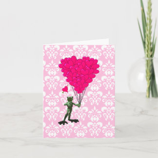 Cartão De Festividades Funny frog cartoon & pink heart on damask
