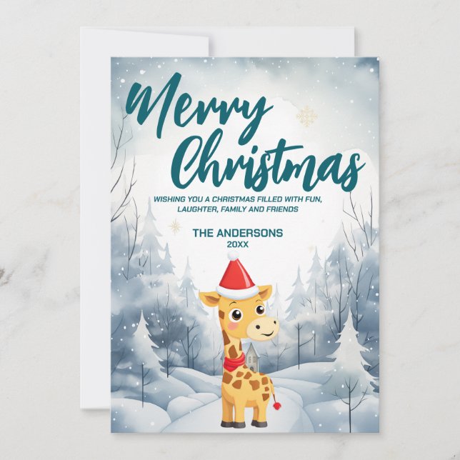 Cartão De Festividades Funny Giraffe Merry Xmas árvore de neve Festa de N (Frente)