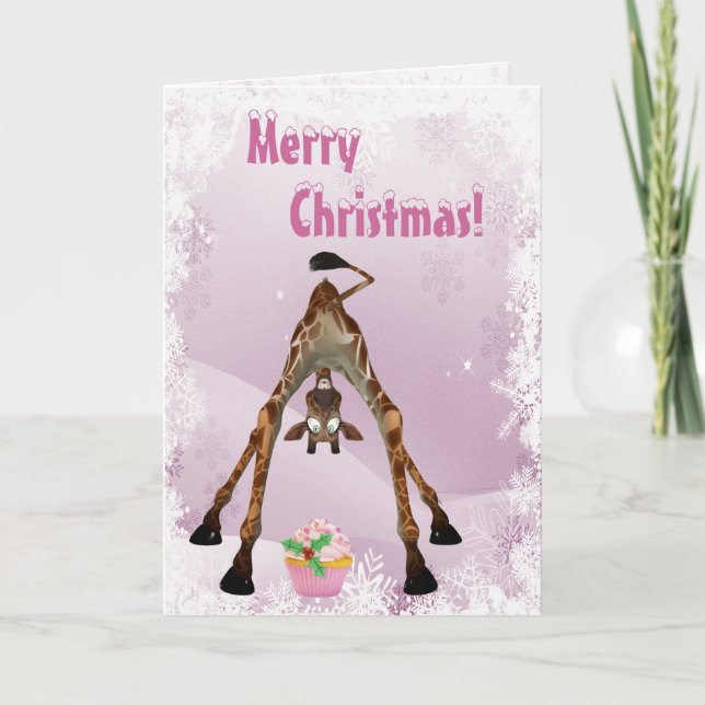 Cartão De Festividades Funny Giraffe & Pink Cupcake Christmas Card (Frente)