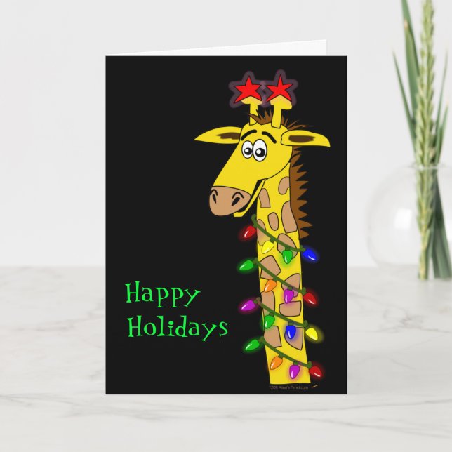 Cartão De Festividades Funny Giraffe Whimsical Christmas With Lights Card (Frente)