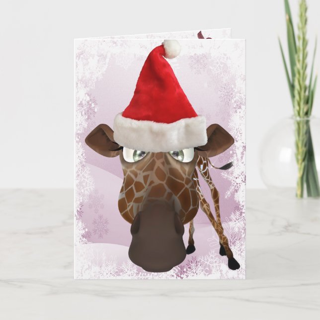 Cartão De Festividades Funny Giraffe with Santa Hat Christmas Card (Frente)