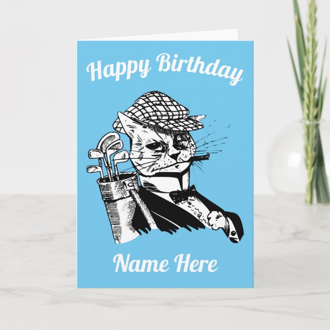 Cartão De Festividades funny golfing cat Birthday Card (Frente)