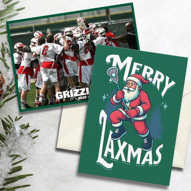 Cartão De Festividades Funny Green Merry Laxmas Lacrosse Team Christmas (“Merry Laxmas” lacrosse Christmas card with Santa design and team photo on snowy background.)