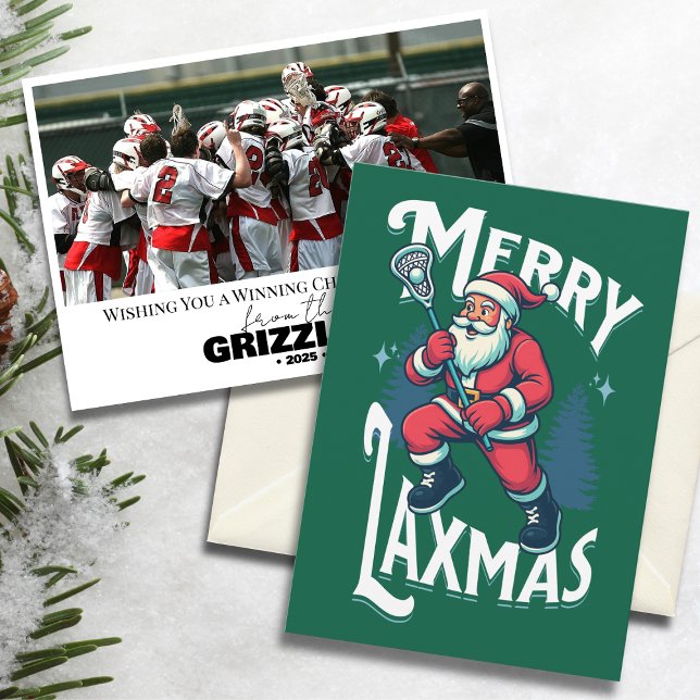 Cartão De Festividades Funny Green Merry Laxmas Lacrosse Team Christmas (“Merry Laxmas” green lacrosse-themed Christmas card with Santa and team photo on snowy background.)