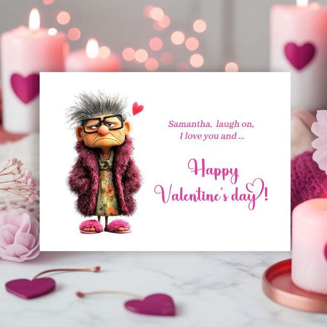 Cartão De Festividades Funny Grumpy Old Lady Valentine Card in Hot Pink (Funny Grumpy Old Lady Valentine Card in Hot Pink)