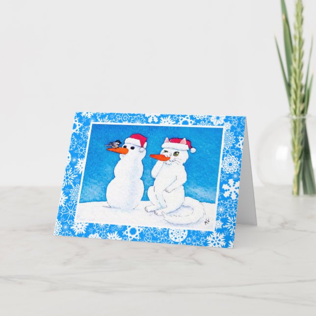Cartão De Festividades Funny holiday cat, bird,  snowman card (Frente)