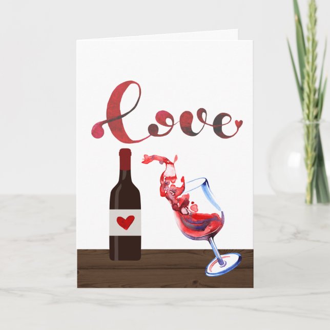 Cartão De Festividades Funny Love Wine Glass and Bottle Valentine's Day (Frente)