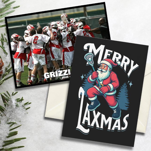Cartão De Festividades Funny Merry Laxmas Lacrosse Christmas Team Holiday (“Merry Laxmas” lacrosse-themed Christmas card with Santa and team photo on festive background.)