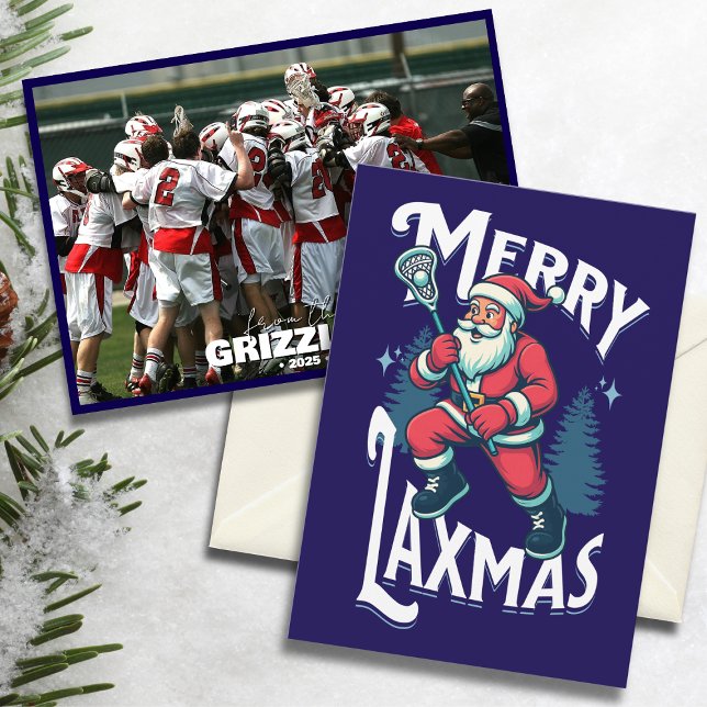 Cartão De Festividades Funny Merry Laxmas Lacrosse Team Christmas Photo (Lacrosse-themed Christmas card with “Merry Laxmas” Santa design and team photo on snowy background.)