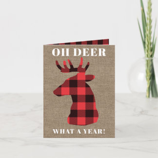 Cartão De Festividades Funny Oh Deer What a Year Buffalo Plaid Burlap