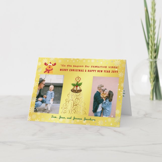 Cartão De Festividades Funny Pawsitive Rudolph 2 Fotografias Ouro (Frente)