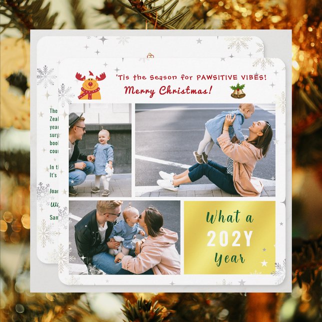 Cartão De Festividades Funny Pawsitive Rudolph 3 Fotos Colagem Moderna (Elegant Modern Cute Funny Pawsitive Vibes Rudolph Merry Christmas 3 Photos What a Year Snowflakes)