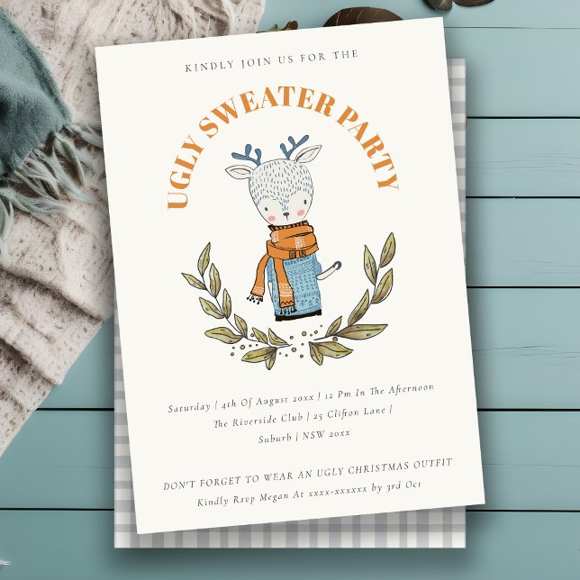 Cartão De Festividades Funny Reindeer Ugly Sweater Festa de Natal Convida (Criador carregado)