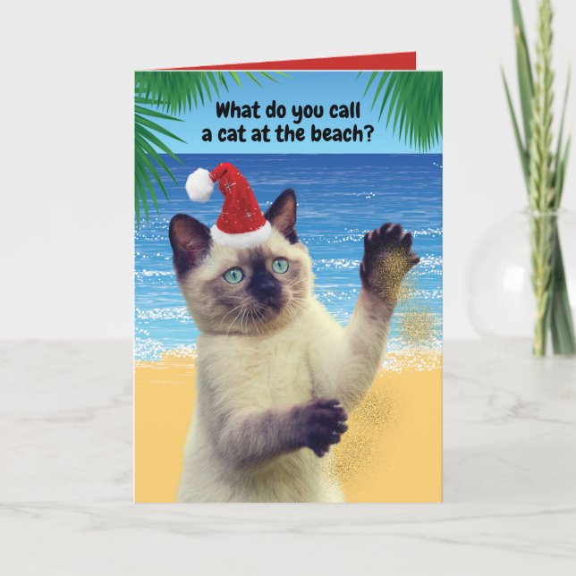 Cartão De Festividades Funny "Sandy Claws" Cat On The Beach Christmas (Frente)
