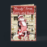 Cartão De Festividades Funny Santa and His Dog Christmas card<br><div class="desc">The front of the card has a vintage picture of Santa and his bulldog. Santa has his thumbs in his suspenders and laughing.  This was a vintage ad from Bulldog suspenders.  The greeting says Greetings from Santa and Bubba.</div>