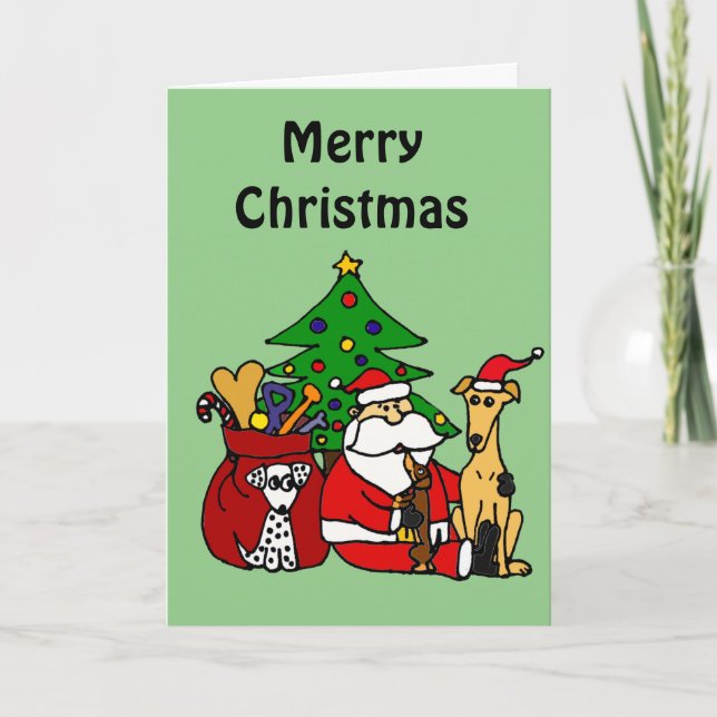 Cartão De Festividades Funny Santa and Puppy Dogs Christmas Art (Frente)
