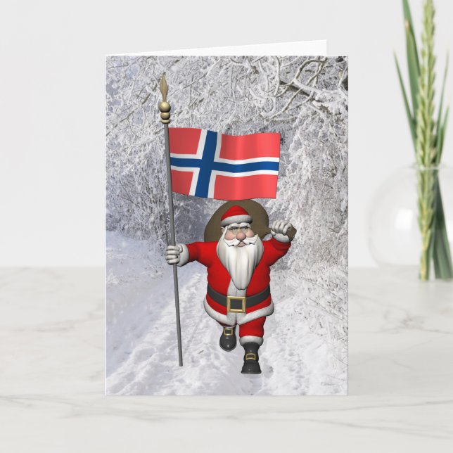 Cartão De Festividades Funny Santa Claus With Flag Of Norway (Frente)