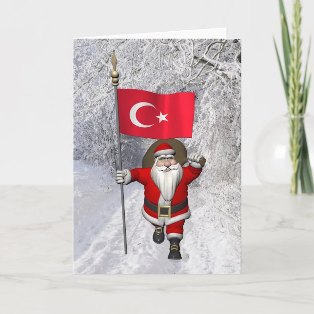 Cartão De Festividades Funny Santa Claus With Flag Of Turkey (Frente)