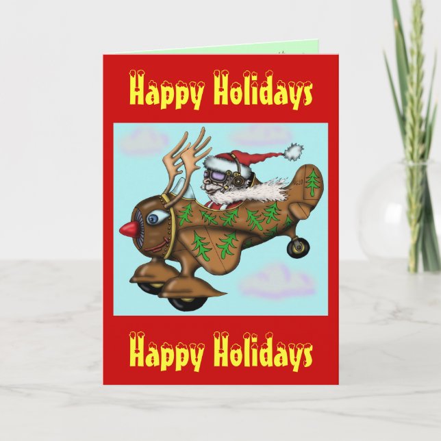 Cartão De Festividades Funny Santa pilot on Rudolph plane Christmas card (Frente)