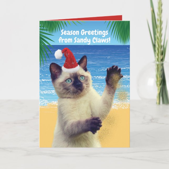Cartão De Festividades Funny Season's Greetings from "Sandy Claws" Cat (Frente)