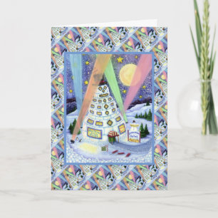 Cartão De Festividades FUNNY SNOWMAN HOTEL, NORTHERN LIGHTS And PENGUINS