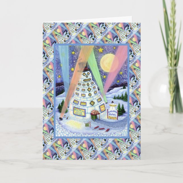 Cartão De Festividades FUNNY SNOWMAN HOTEL, NORTHERN LIGHTS And PENGUINS (Frente)