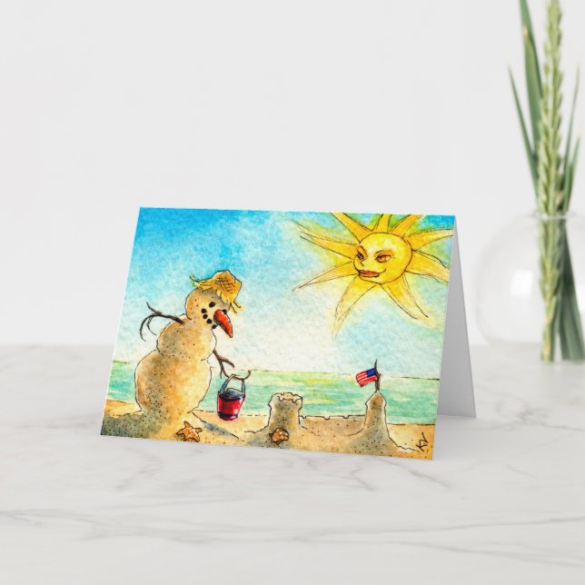 Cartão De Festividades Funny Snowman on beach Holiday greeting card (Frente)