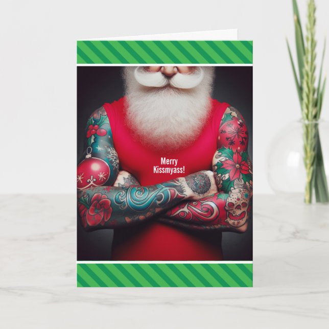 Cartão De Festividades Funny Tattooed Santa - Ink the Halls (Frente)