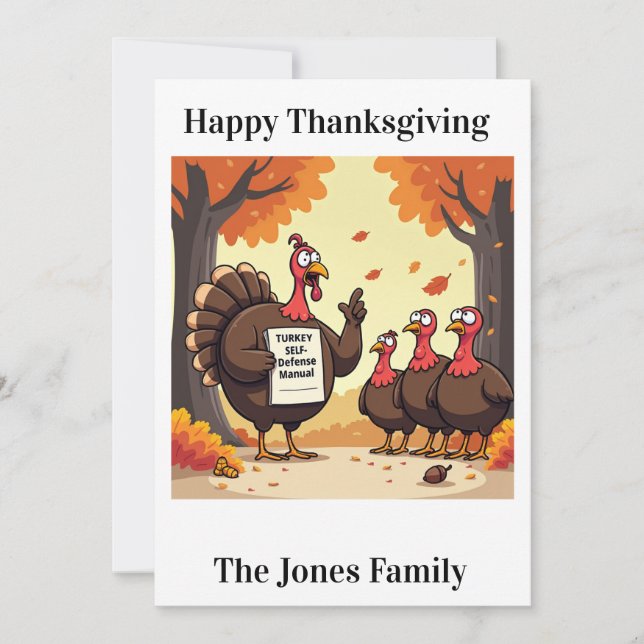 Cartão De Festividades Funny Thankgiving Card -"Turkey Defense" (Frente)