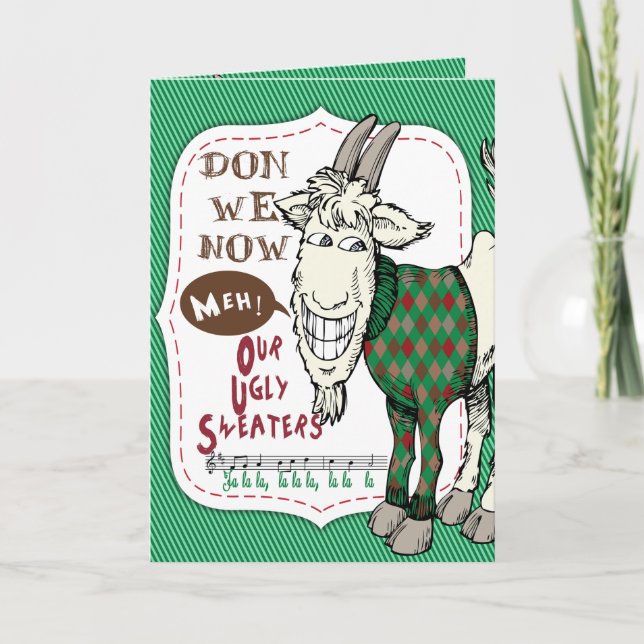 Cartão De Festividades FUNNY Ugly Sweater Meh Goat Christmas Holiday Card (Frente)